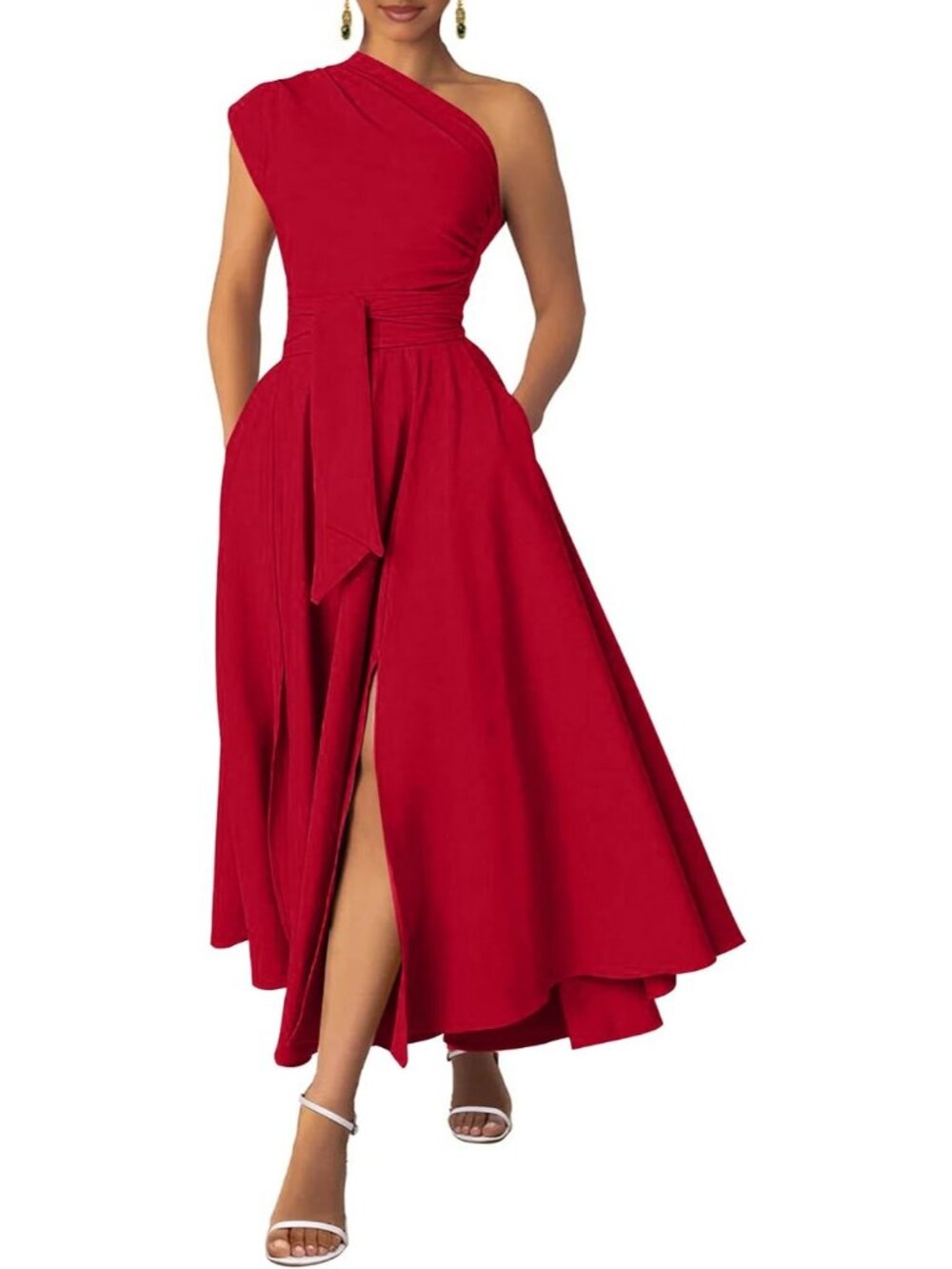 Women's Red Formal Wedding Flattering A-line One Shoulder Belted Maxi Dress